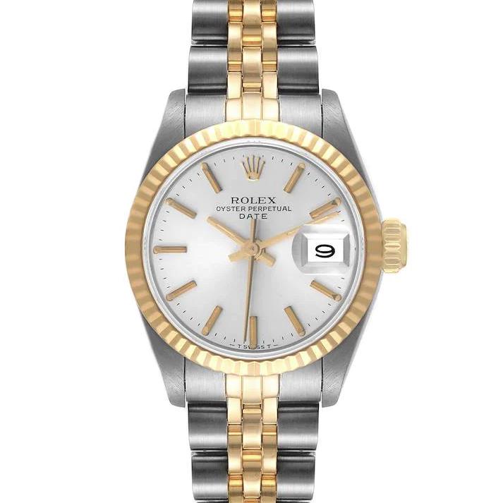 Ladies Rolex Date 26mm Vintage Two Tone 14K Yellow Gold / Stainless Steel Watch with Silver Dial and Fluted Bezel. (Pre-Owned 6917)