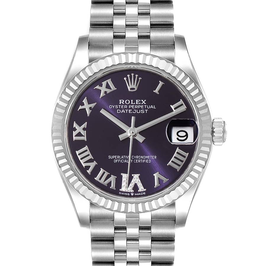 Ladies Rolex DateJust 31mm Midsize Stainless Steel Watch with Aubergine No. 6 Diamond Dial and Fluted Bezel. (Pre-Owned 278274)