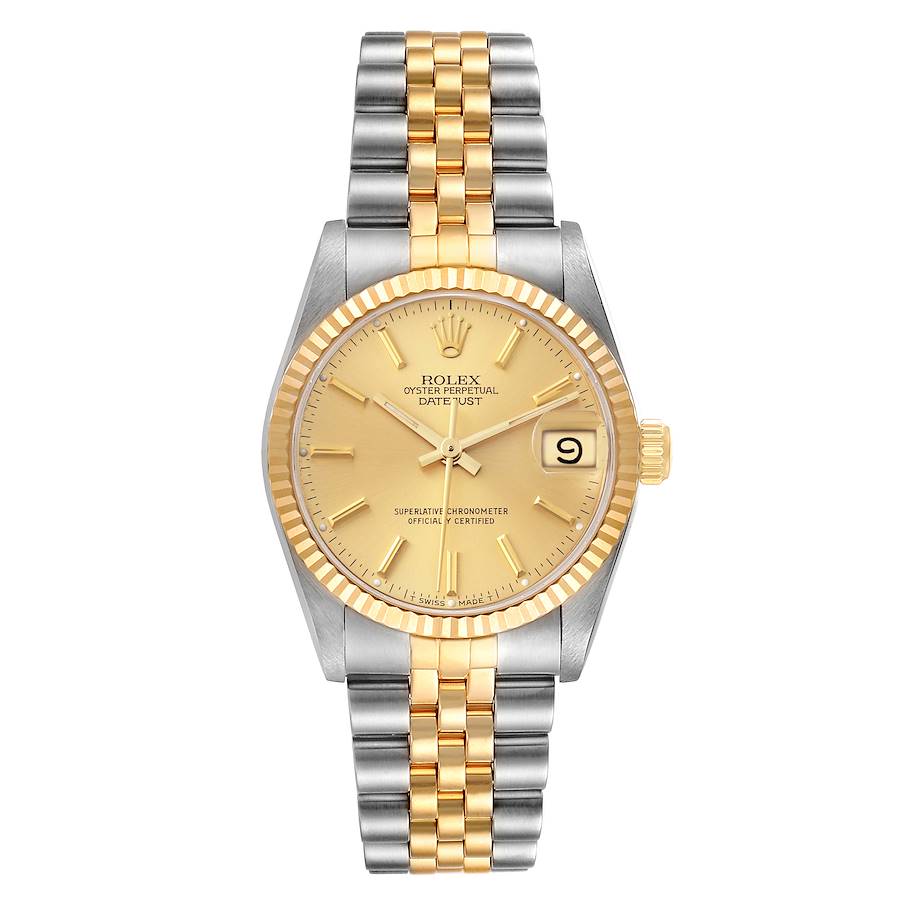 Ladies Rolex Midsize 31mm DateJust Two Tone 18K Yellow Gold / Stainless Steel Watch with Gold Dial and Fluted Bezel. (Pre-Owned 68273)